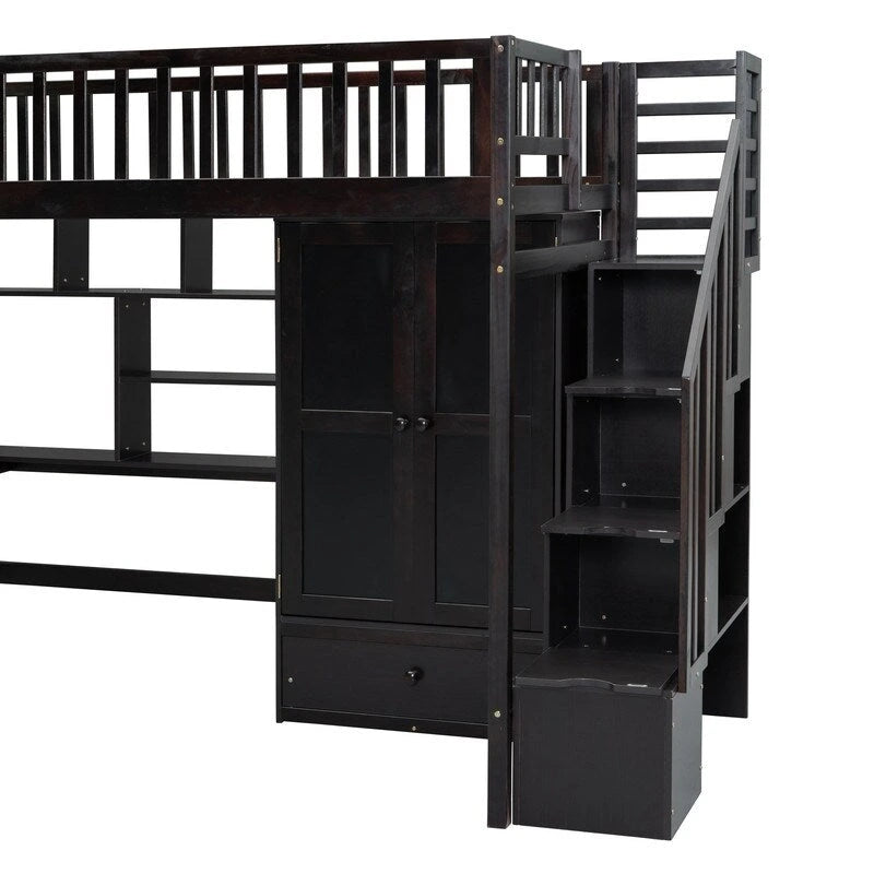 Twin size Loft Bed with Bookshelf,Drawers,Desk,and Wardrobe