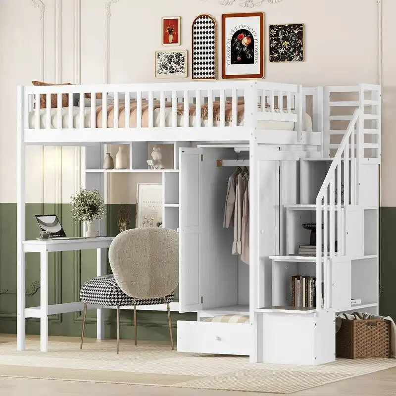 Twin size Loft Bed with Bookshelf,Drawers,Desk,and Wardrobe