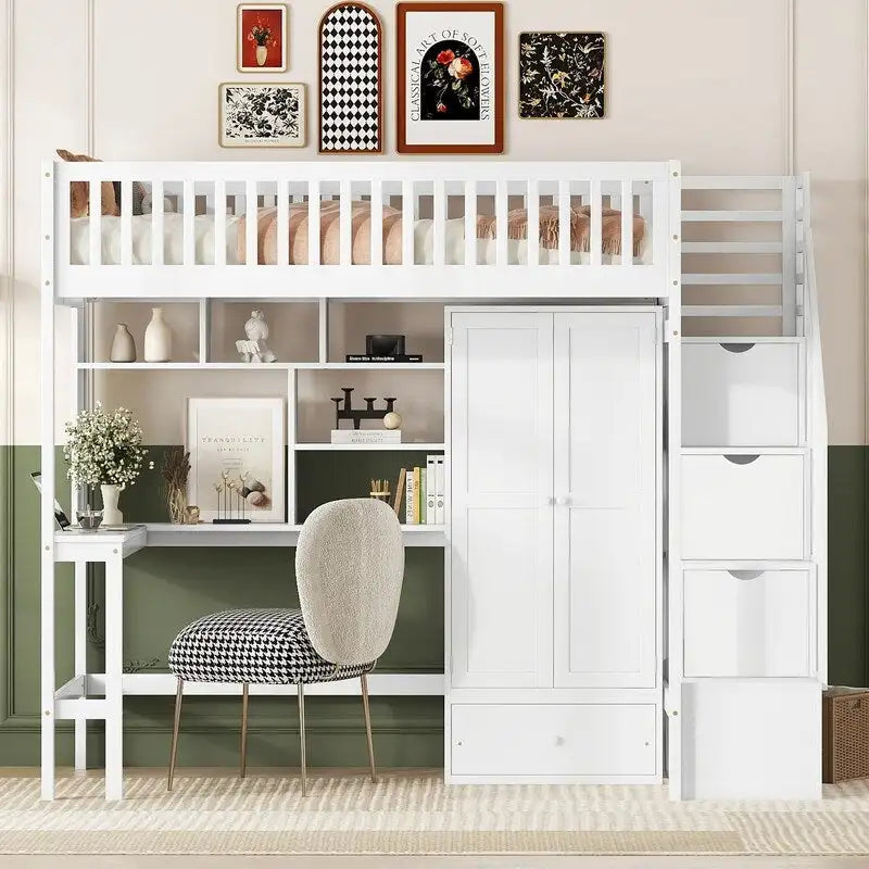 Twin size Loft Bed with Bookshelf,Drawers,Desk,and Wardrobe
