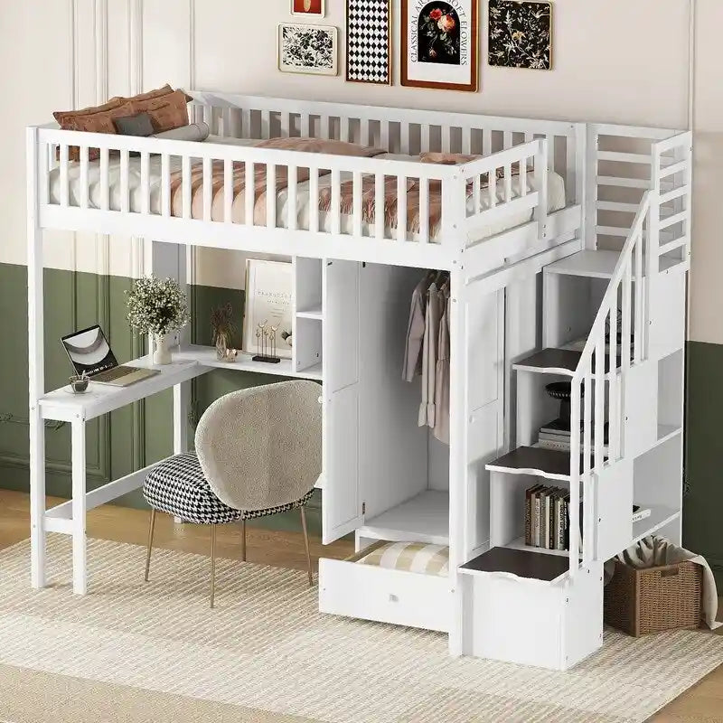 Twin size Loft Bed with Bookshelf,Drawers,Desk,and Wardrobe