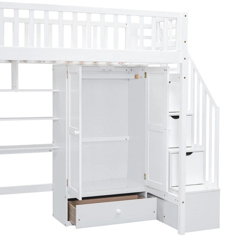 Twin size Loft Bed with Bookshelf,Drawers,Desk,and Wardrobe