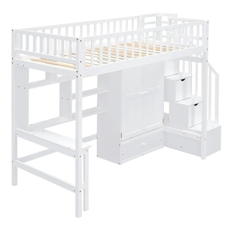 Twin size Loft Bed with Bookshelf,Drawers,Desk,and Wardrobe