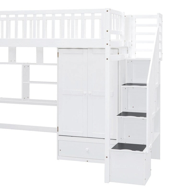Twin size Loft Bed with Bookshelf,Drawers,Desk,and Wardrobe
