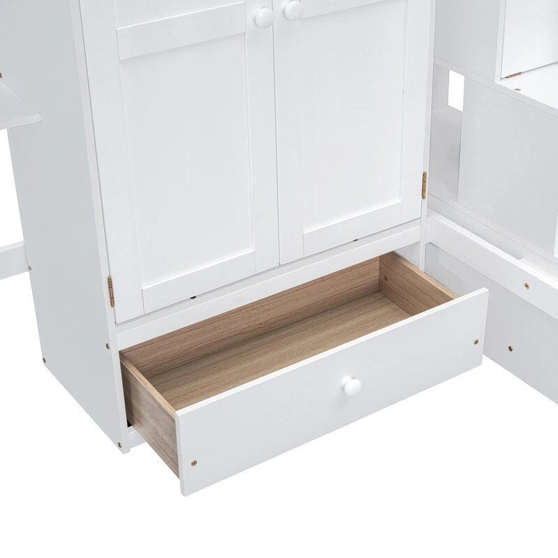 Twin size Loft Bed with Bookshelf,Drawers,Desk,and Wardrobe