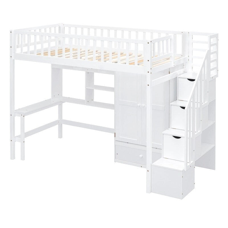 Twin size Loft Bed with Bookshelf,Drawers,Desk,and Wardrobe