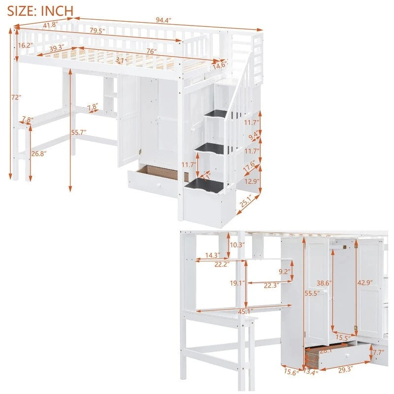 Twin size Loft Bed with Bookshelf,Drawers,Desk,and Wardrobe