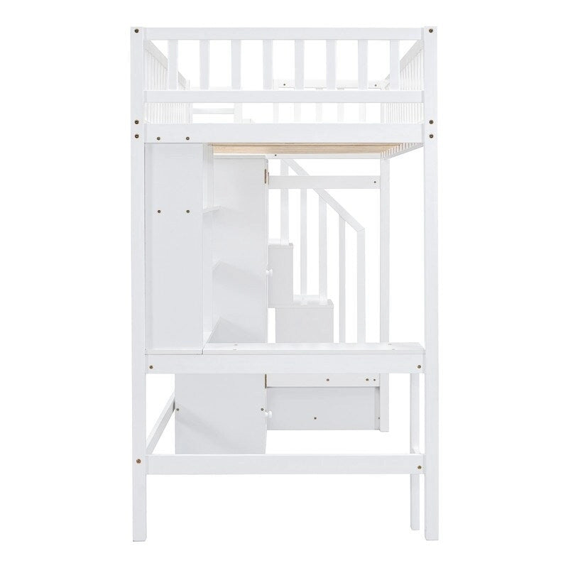 Twin size Loft Bed with Bookshelf,Drawers,Desk,and Wardrobe