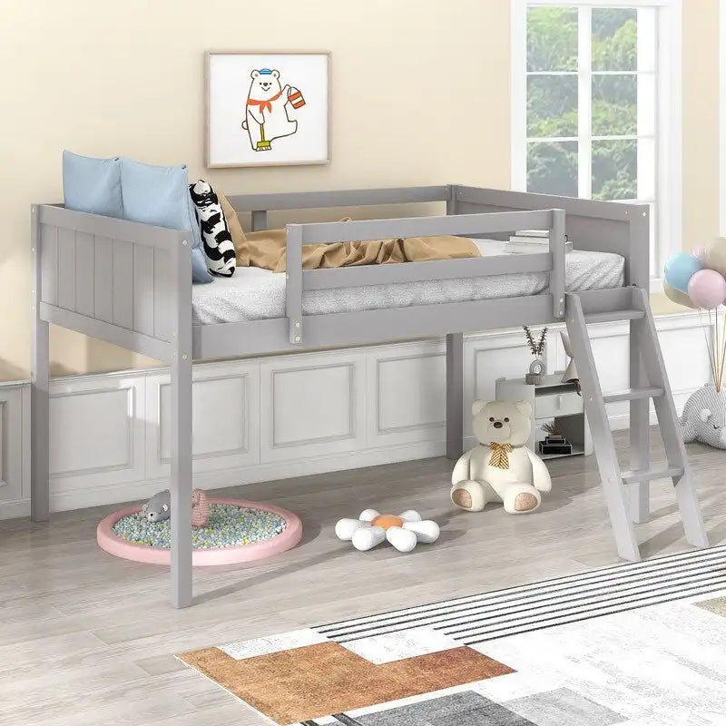 Twin Size Wood Low Loft Bed with Ladder, ladder can be placed on the left or right