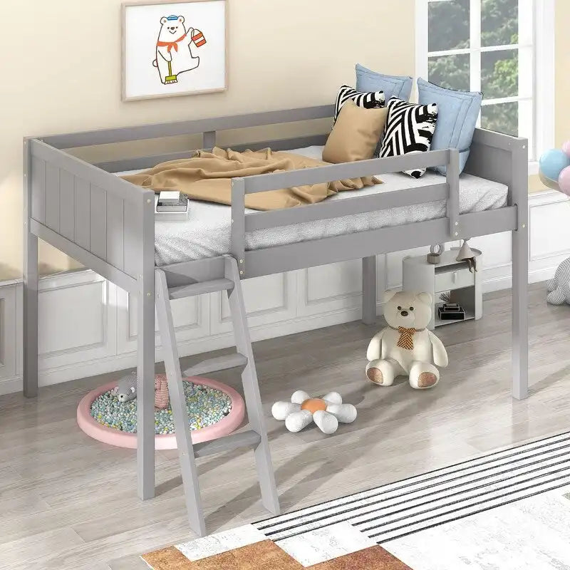 Twin Size Wood Low Loft Bed with Ladder, ladder can be placed on the left or right
