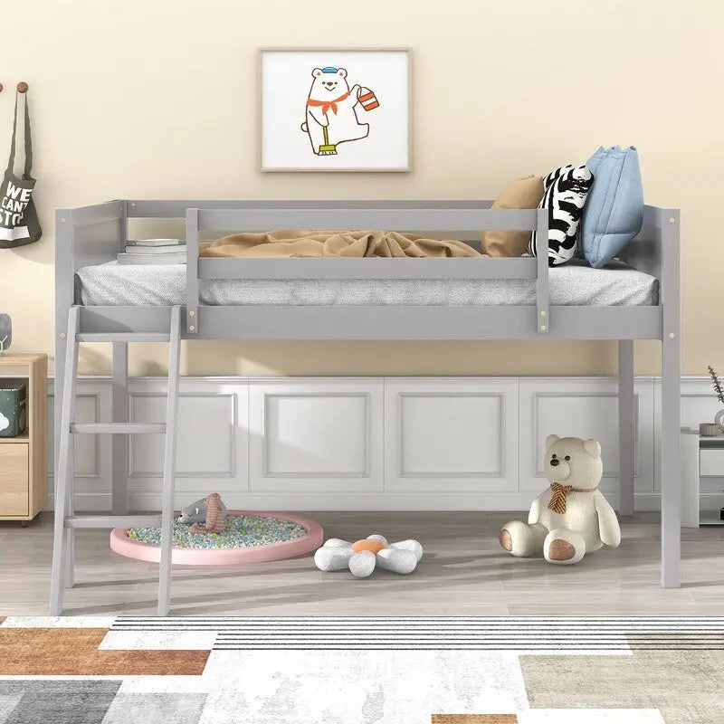 Twin Size Wood Low Loft Bed with Ladder, ladder can be placed on the left or right