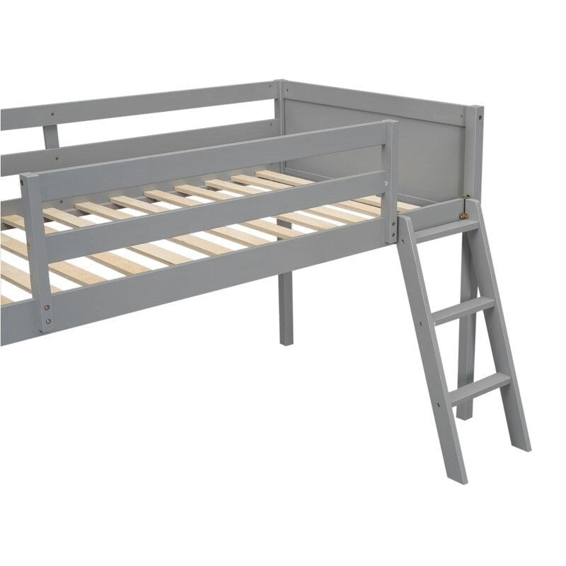 Twin Size Wood Low Loft Bed with Ladder, ladder can be placed on the left or right