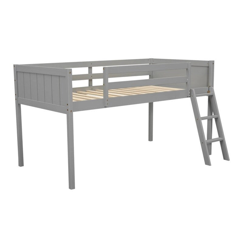 Twin Size Wood Low Loft Bed with Ladder, ladder can be placed on the left or right