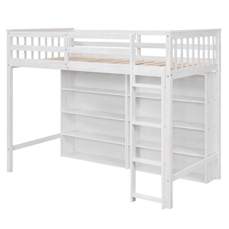 Nestfair Twin Size Loft Bed with 8 Open Storage Shelves and Built-in Ladder