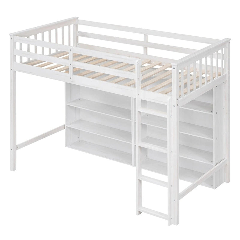 Nestfair Twin Size Loft Bed with 8 Open Storage Shelves and Built-in Ladder