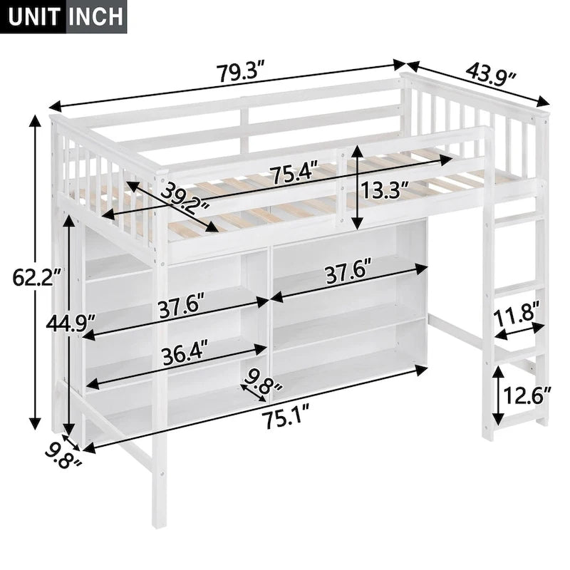 Nestfair Twin Size Loft Bed with 8 Open Storage Shelves and Built-in Ladder