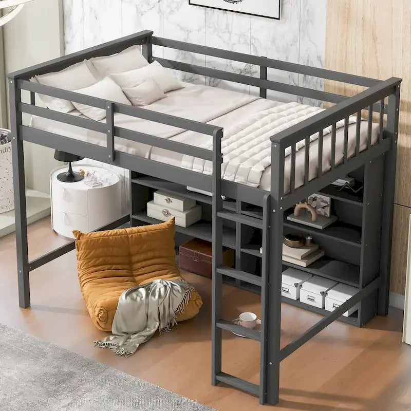 Nestfair Twin Size Loft Bed with 8 Open Storage Shelves and Built-in Ladder