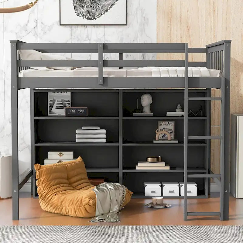 Nestfair Twin Size Loft Bed with 8 Open Storage Shelves and Built-in Ladder
