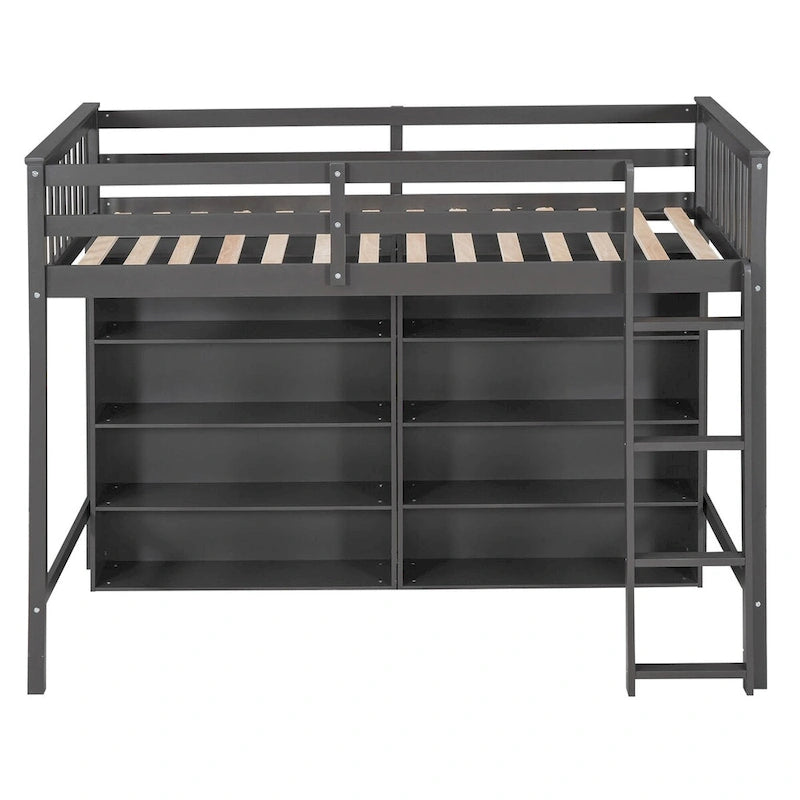 Nestfair Twin Size Loft Bed with 8 Open Storage Shelves and Built-in Ladder