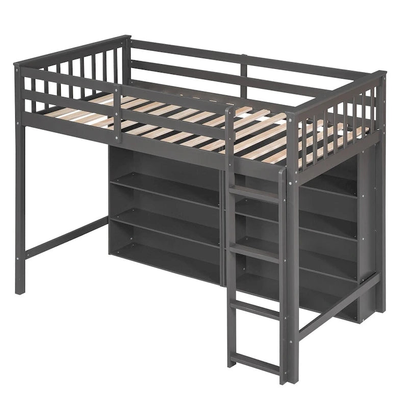 Nestfair Twin Size Loft Bed with 8 Open Storage Shelves and Built-in Ladder