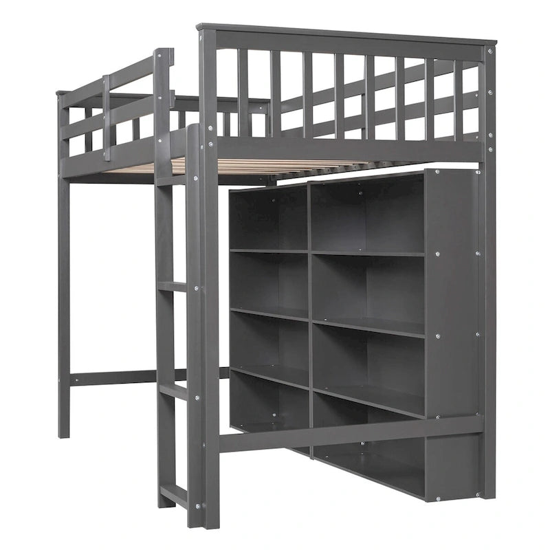Nestfair Twin Size Loft Bed with 8 Open Storage Shelves and Built-in Ladder