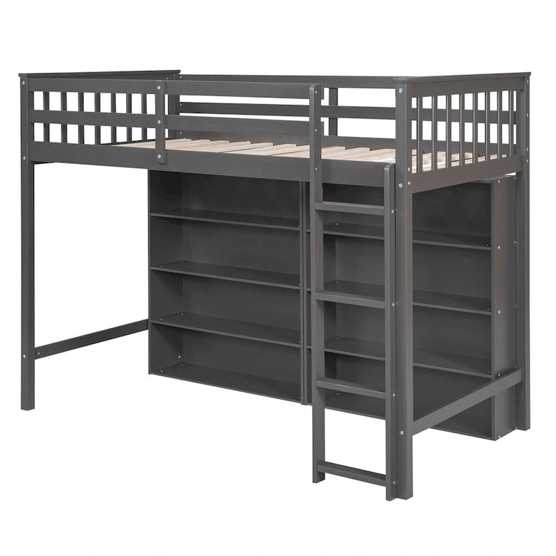 Nestfair Twin Size Loft Bed with 8 Open Storage Shelves and Built-in Ladder