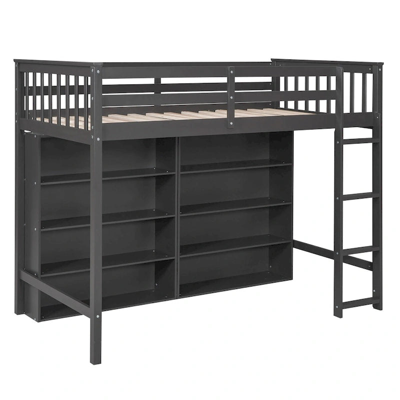 Nestfair Twin Size Loft Bed with 8 Open Storage Shelves and Built-in Ladder