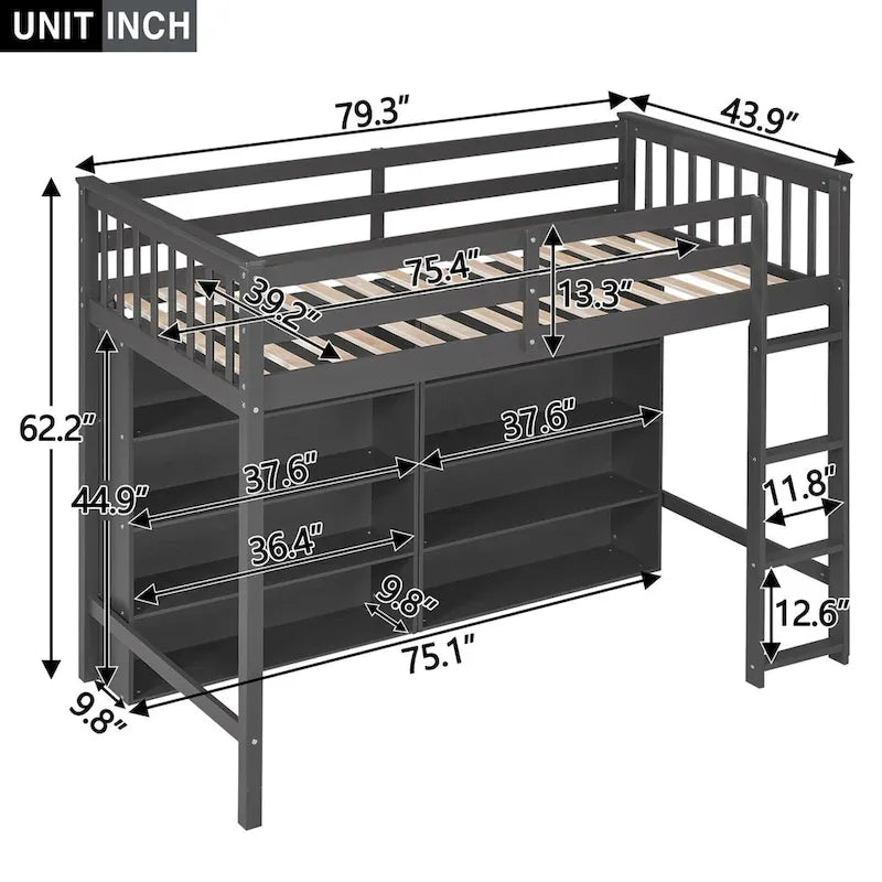 Nestfair Twin Size Loft Bed with 8 Open Storage Shelves and Built-in Ladder