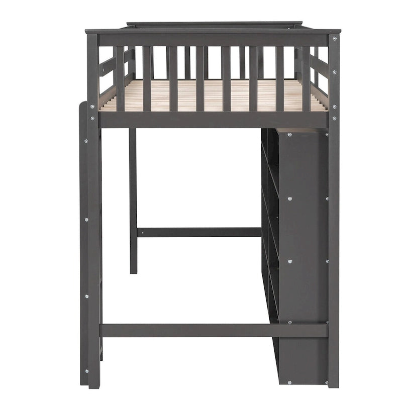 Nestfair Twin Size Loft Bed with 8 Open Storage Shelves and Built-in Ladder