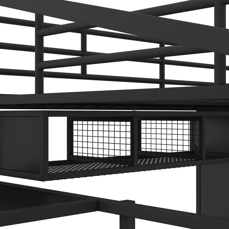 Metal Loft Bed With Wardrobe,Table,Drawer and 4-layers Ladder