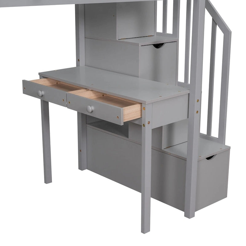 Loft Bed Twin with Desk and Storage Stairs, Space-Saving Wood Bed Frame with Drawers and Shelves, for Teens Adults
