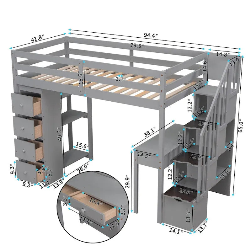 Loft Bed Twin with Desk and Storage Stairs, Space-Saving Wood Bed Frame with Drawers and Shelves, for Teens Adults