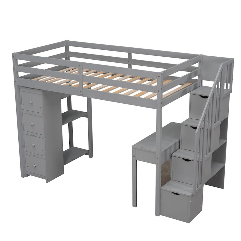 Loft Bed Twin with Desk and Storage Stairs, Space-Saving Wood Bed Frame with Drawers and Shelves, for Teens Adults
