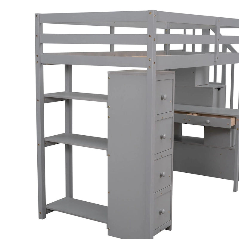 Loft Bed Twin with Desk and Storage Stairs, Space-Saving Wood Bed Frame with Drawers and Shelves, for Teens Adults