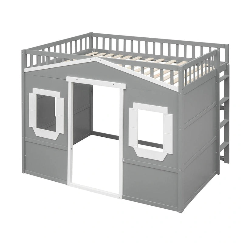 Full Size Creativity House Bed Wood Loft Bed with Ladder