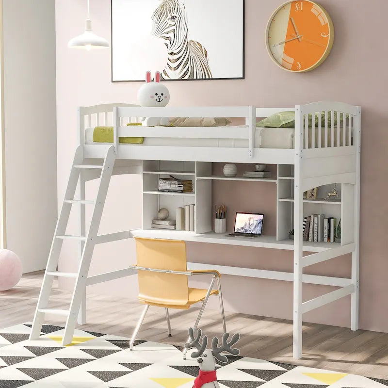 Loft Bed with Storage Shelves, Desk and Ladder
