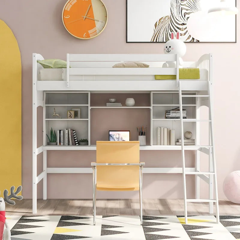 Loft Bed with Storage Shelves, Desk and Ladder