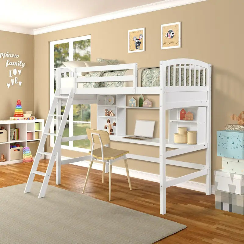 Loft Bed with Storage Shelves, Desk and Ladder