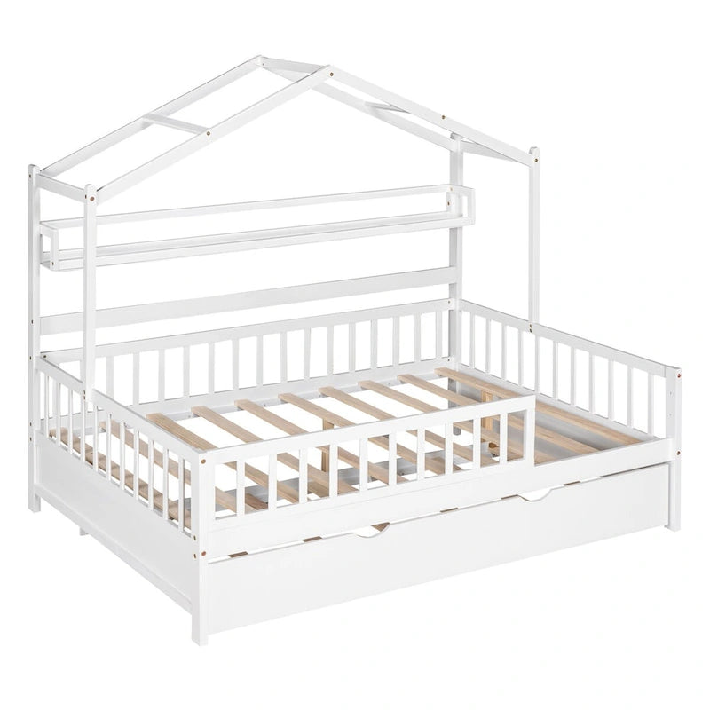 Wooden Full Size Creativity House Bed with Twin Size Trundle Bed and Storage Shelf, Full-Length Guardrail Bed for Kids Teens