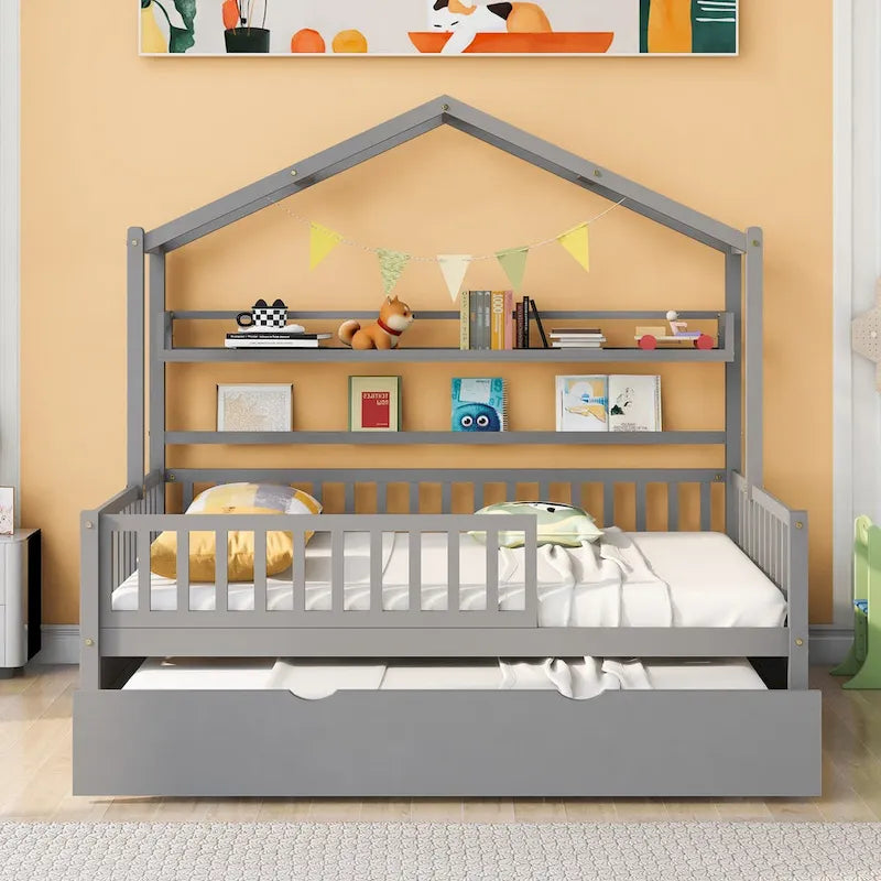Wooden Full Size Creativity House Bed with Twin Size Trundle Bed and Storage Shelf, Full-Length Guardrail Bed for Kids Teens
