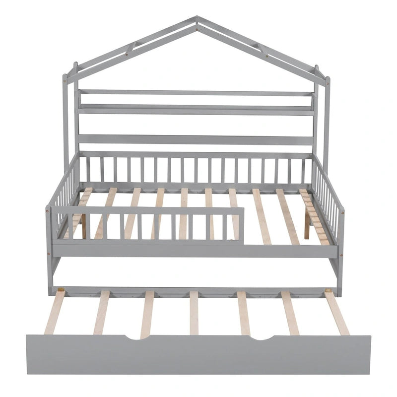 Wooden Full Size Creativity House Bed with Twin Size Trundle Bed and Storage Shelf, Full-Length Guardrail Bed for Kids Teens