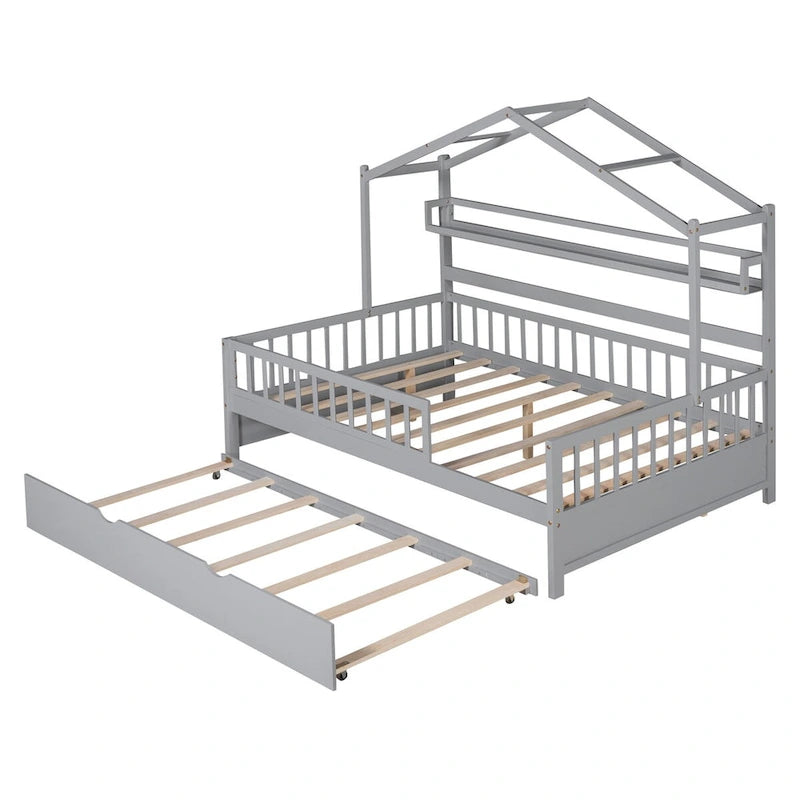 Wooden Full Size Creativity House Bed with Twin Size Trundle Bed and Storage Shelf, Full-Length Guardrail Bed for Kids Teens