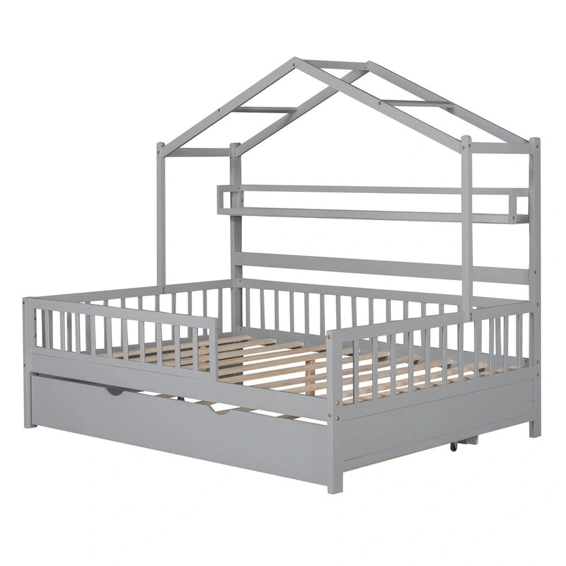 Wooden Full Size Creativity House Bed with Twin Size Trundle Bed and Storage Shelf, Full-Length Guardrail Bed for Kids Teens