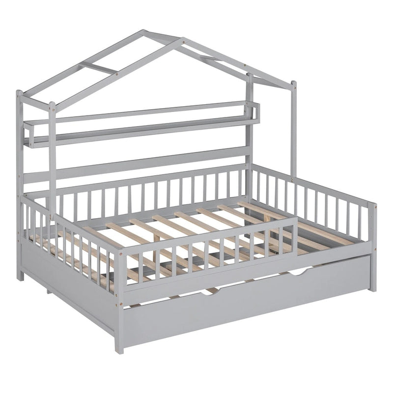 Wooden Full Size Creativity House Bed with Twin Size Trundle Bed and Storage Shelf, Full-Length Guardrail Bed for Kids Teens