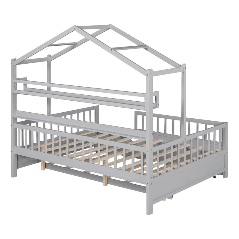 Wooden Full Size Creativity House Bed with Twin Size Trundle Bed and Storage Shelf, Full-Length Guardrail Bed for Kids Teens