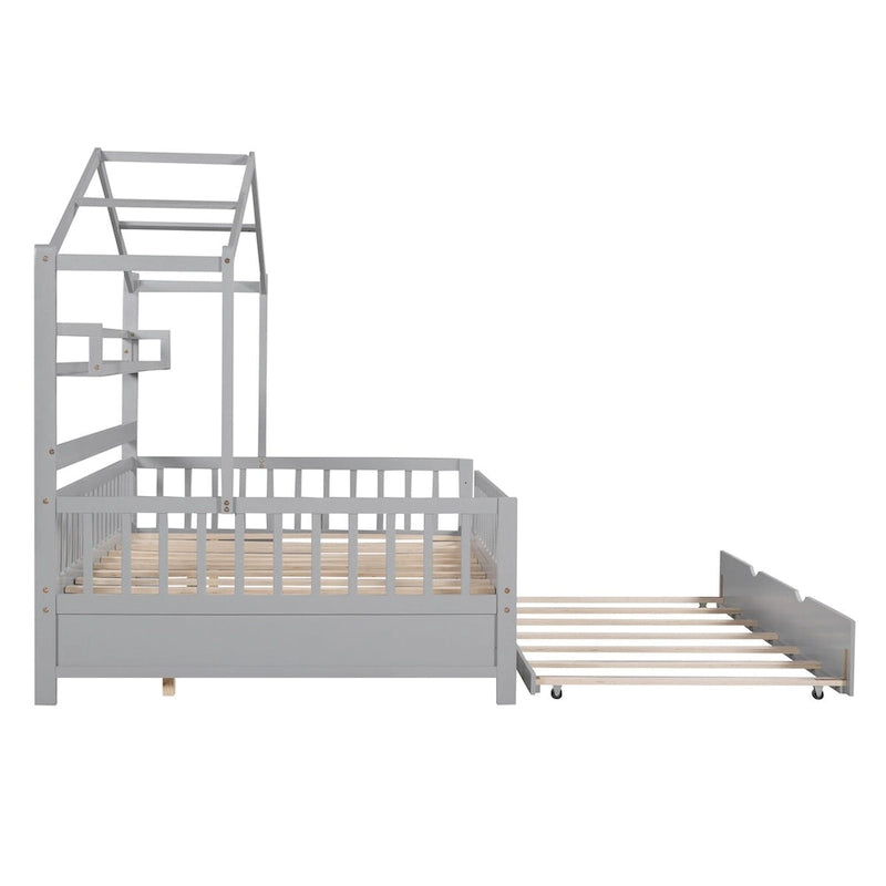 Wooden Full Size Creativity House Bed with Twin Size Trundle Bed and Storage Shelf, Full-Length Guardrail Bed for Kids Teens
