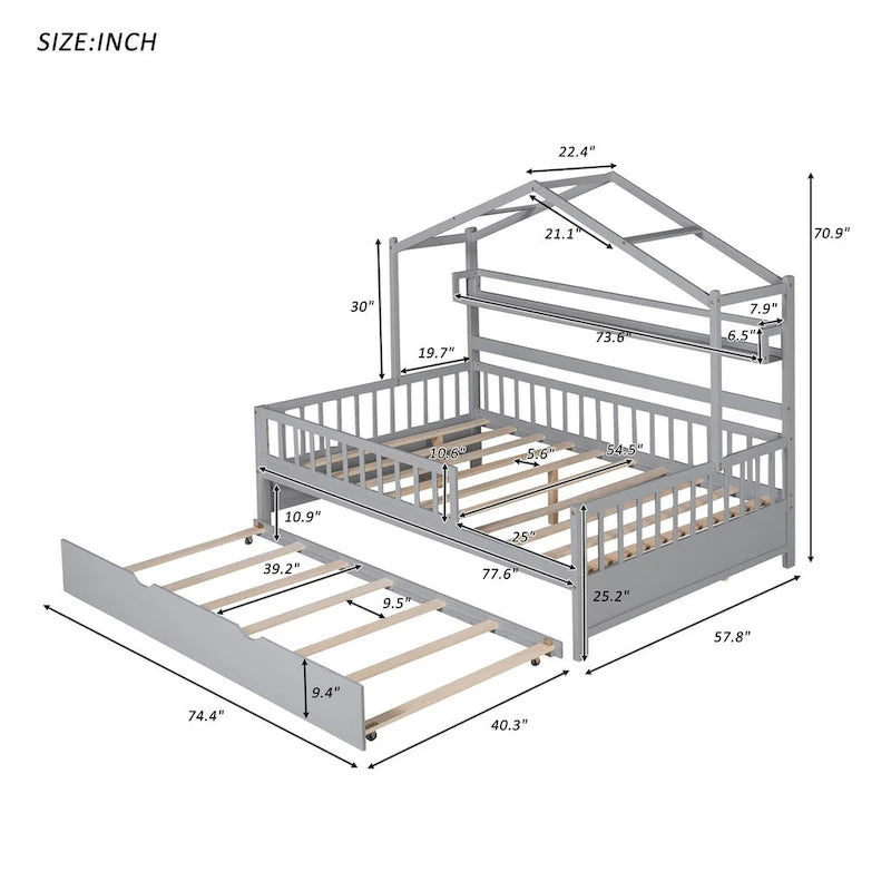 Wooden Full Size Creativity House Bed with Twin Size Trundle Bed and Storage Shelf, Full-Length Guardrail Bed for Kids Teens