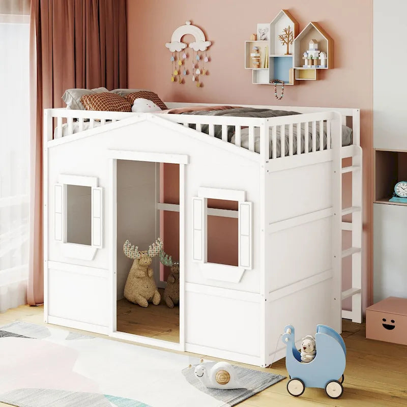 Full Size Creativity House Bed Wooden Loft Bed with Built-In Ladder and Underbed Storage Space, Full-Length Guardrail