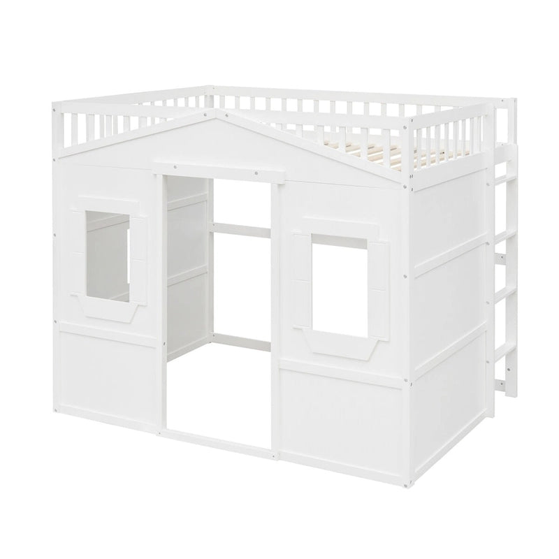 Full Size Creativity House Bed Wooden Loft Bed with Built-In Ladder and Underbed Storage Space, Full-Length Guardrail