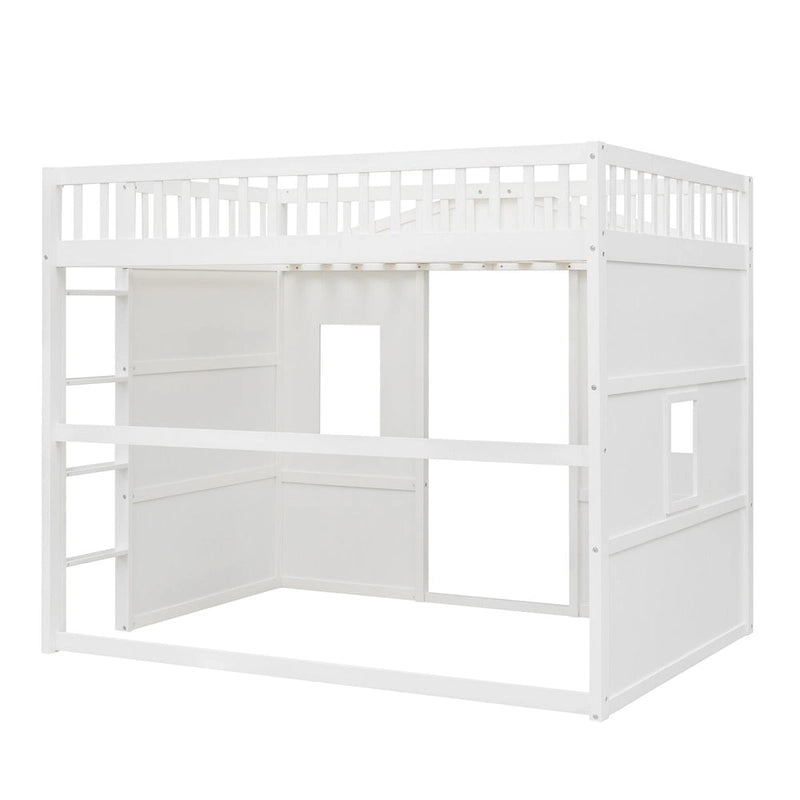 Full Size Creativity House Bed Wooden Loft Bed with Built-In Ladder and Underbed Storage Space, Full-Length Guardrail