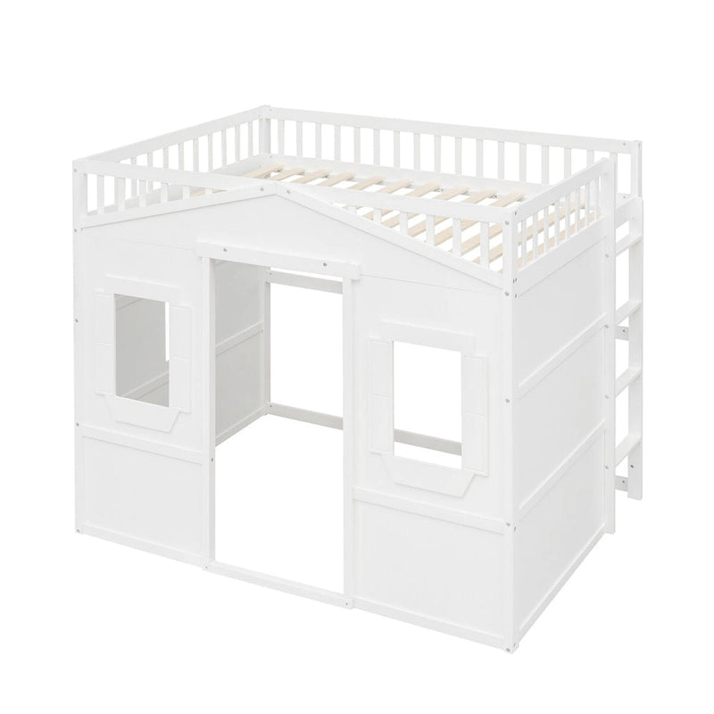 Full Size Creativity House Bed Wooden Loft Bed with Built-In Ladder and Underbed Storage Space, Full-Length Guardrail